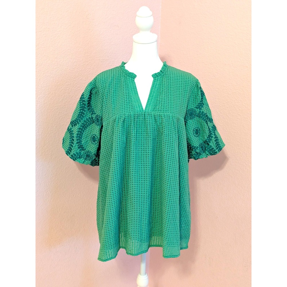 Southern Stitch Green Embroidered Textured Puff Sleeve Babydoll Top XL NWT